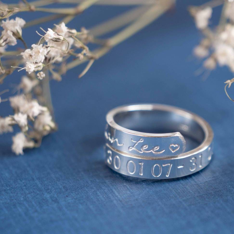 Remembrance Name & Date Sterling Silver Adjustable Wrap Ring