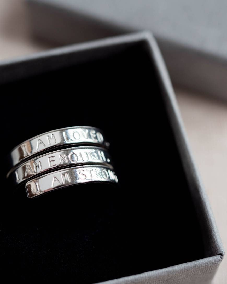 I am loved I am Enough I am strong Sterling Silver triple adjustable wrap ring