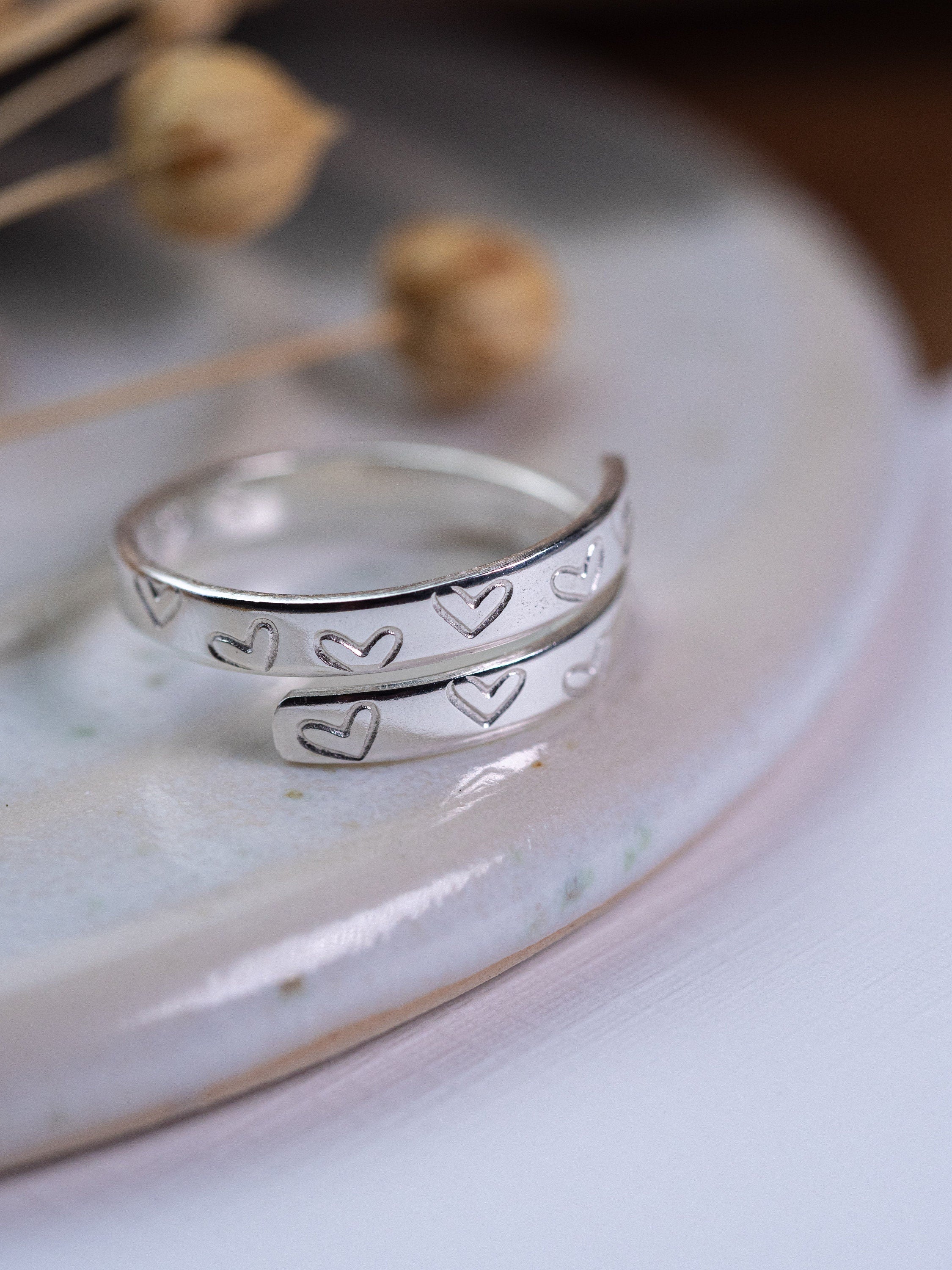 Heart Pattern Secret Message Sterling Silver Adjustable Wrap Ring
