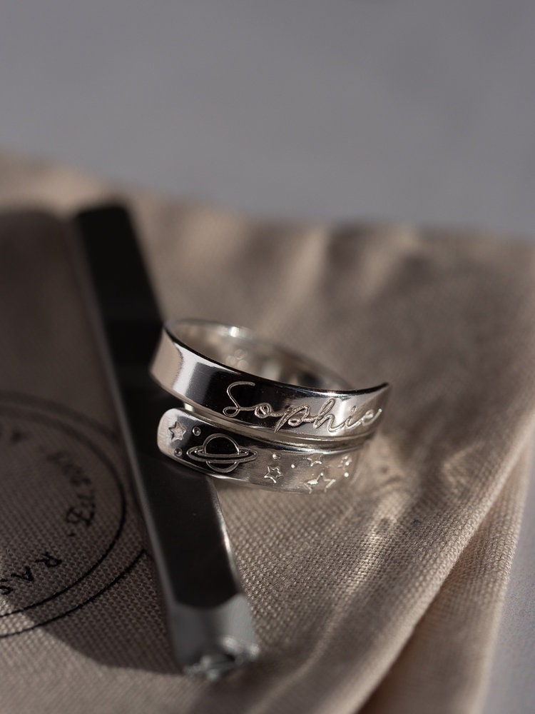 Space Theme Personalised Sterling Silver Adjustable Wrap Ring