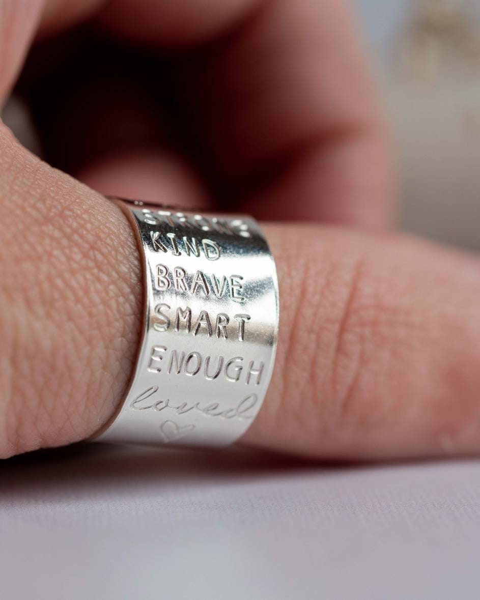 I am brave kind strong enough Sterling Silver adjustable open ring